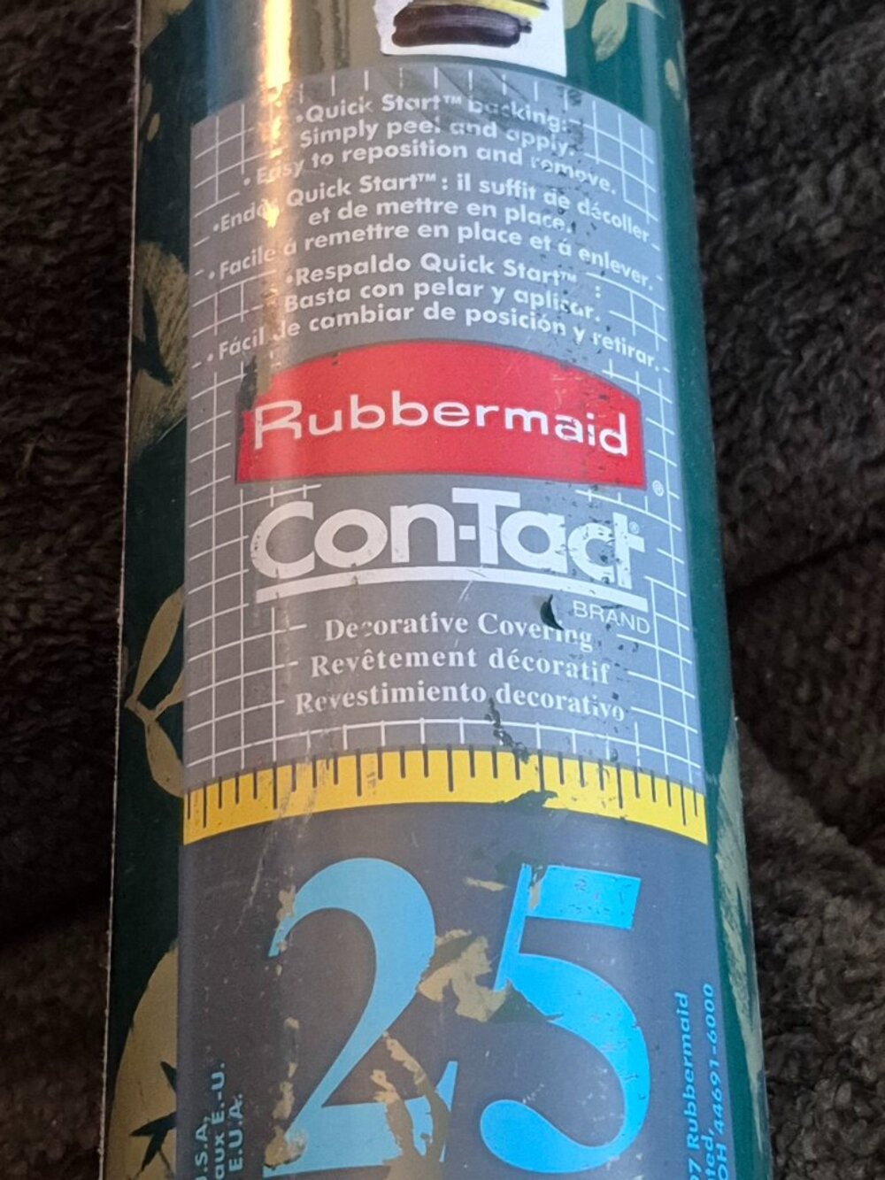Vintage Rubbermaid Contact Paper Green w/Gold Leaves Print Large Roll 25 yds NEW